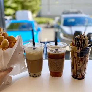 Original bubble waffles, jasmine milk tea, winter melon tea,&amp; Oreos waffles