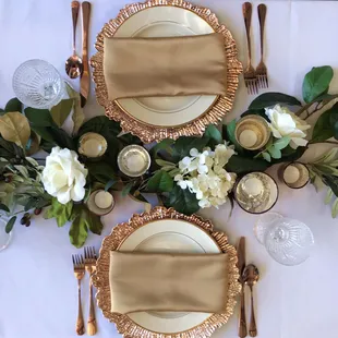 Make your intimate celebration memorable with upgraded table settings and chairs. Visit our showroom to see our new Mixed Metals Collection.