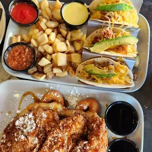Chicken and funnel cake and breakfast tacos