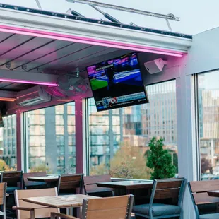 Retractable roof, so we're always open for business! Climate controlled open air terrance. Rain or shine.