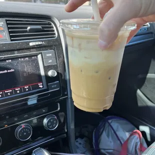 Iced Carmel latte with almond milk.