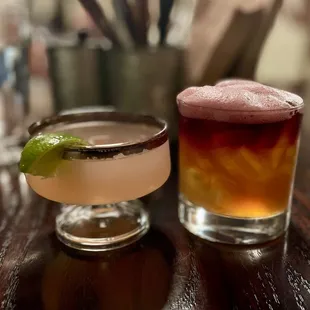 Expertly crafted cocktails: Lavender gimlet (L) and Whiskey Sour (R)