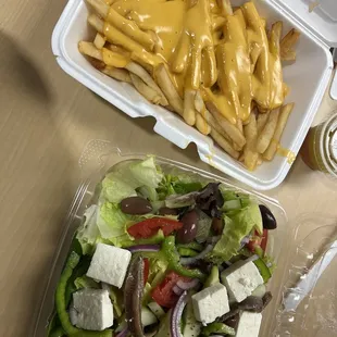 cheese fries and greek salad