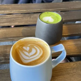 Regular latte and oat milk matcha latte