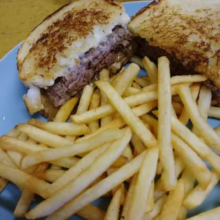 Patty melt. Super good. It has swiss cheese and grilled onions.
