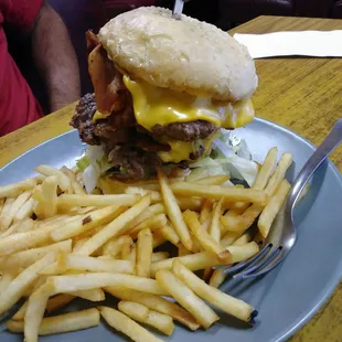 Double bacon cheese burger with fries. So juicy and flavorful