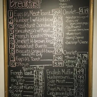 Breakfast menu on the board.