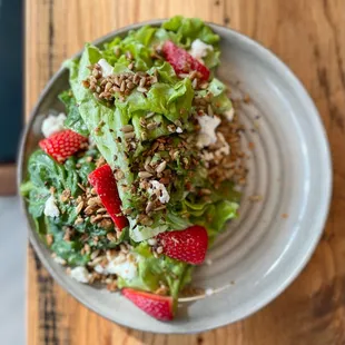Roothouse Aquaponics Greens with Strawberries, Quark, Sunflower Granola, &amp; Champagne Vinaigrette