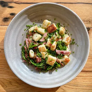 Gnocchi with Country Ham, Broccolini, &amp; Garlic Fondue