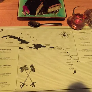 Menu, pineapple rum, and ham musubi