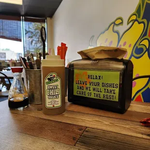 a sign on a table