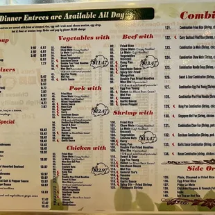 Dinner menu