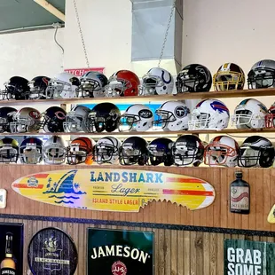 a surfboard and helmet display