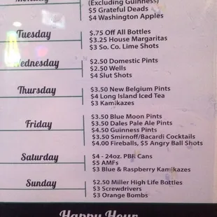 Happy hour menu