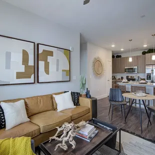 Modern kitchen and living room.