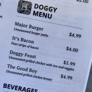 Doggy menu!! Must bring Fido for outside dining next time!