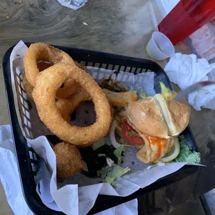 Fish sandwich and onion rings.