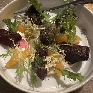 Insalata   Baby beets, labneh cheese, orange segments, zatar evo