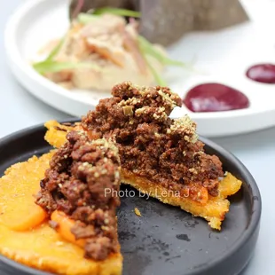 Inside of Elk Choginyapi Corn Sandwich ($17) - elk, sweet potato, pepita. Not my favorite: quite heavy