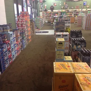 the aisle of a liquor store