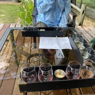 a man sitting at a table with glasses of wine
