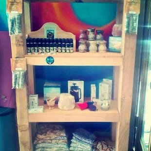Our Aromatherapy corner.  Ask us about custom blends!  It is our favorite thing to do.  Our candles are pretty great, too.