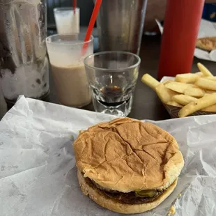 Basic cheese burger chocolate malt and a shot Irish whiskey