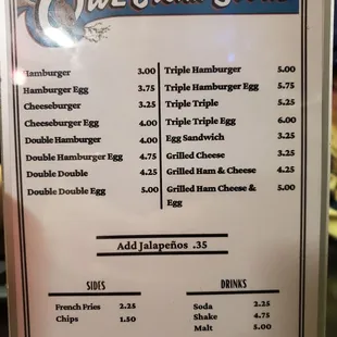 Owl cigar store menu
