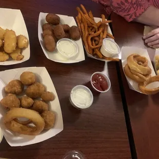 Clockwise... cheese curds, corn dog bites, sweet potato fries, onion rings, fried pickles &amp; mushrooms