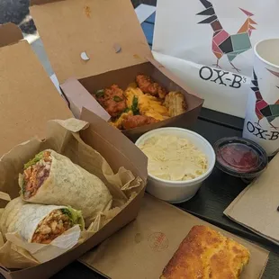 chicken wrap, special boneless and waffle fries, mac, corn bread