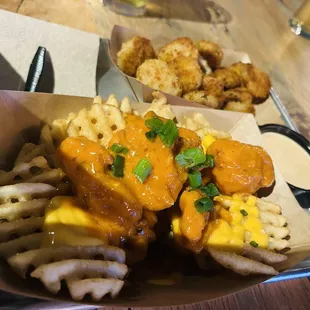 a tray of food with fries and cheese