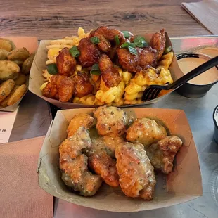 Chicken &amp; waffle fries  garlic chicken wings  pickles
