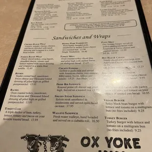 the menu for ox yoke inn