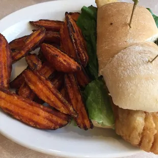 Walleye Sandwich with Sweet Potato Fries