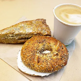 two bagels and a cup of coffee