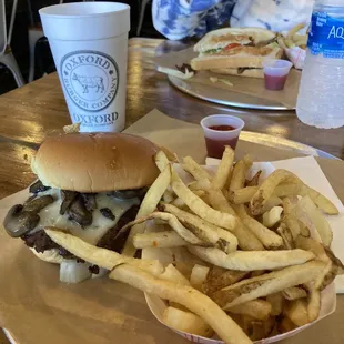 Mushroom Swiss Burger with unsweetened iced tea