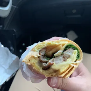 Sausage, egg, spinach, and pepper Jack cheese breakfast wrap (multiple wrap options including flour, tomato, spinach tortillas)