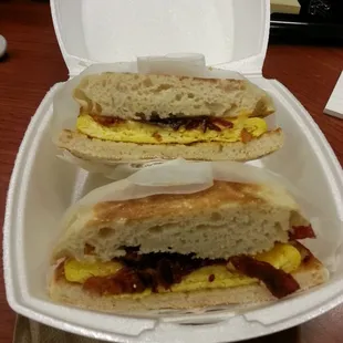 Bacon, egg and cheese on English muffin