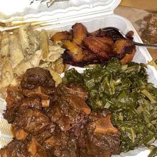 Oxtail (Large), rasta pasta, Collard Greens, Sweet Plantains