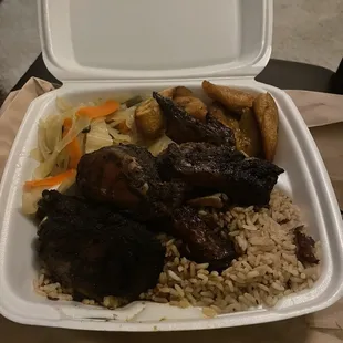 Jerk Chicken (Large) Rice &amp; Peas cabbage. Sweet Plantains