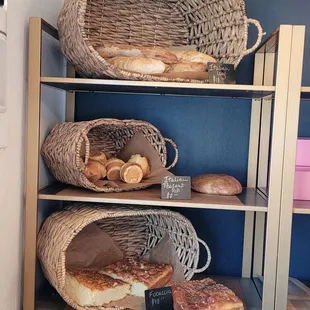 GF focaccia (almond flour), rolls and Italian loaf. All gluten free.