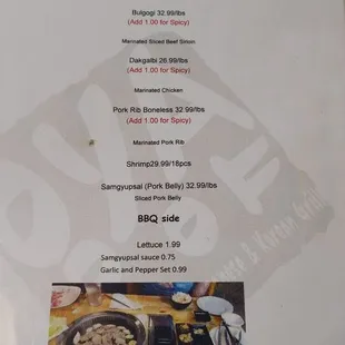 Korean grill BBQ menu as per 03/19/23
