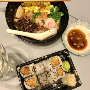 Seared chicken ramen and spicy crunch salmon roll