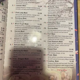 Sushi menu 2023