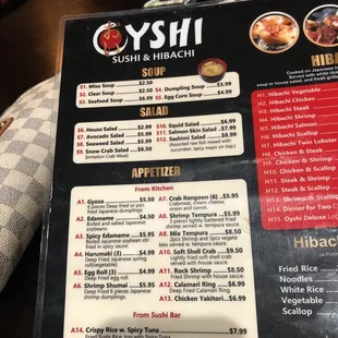 sushi and sashimi, menu