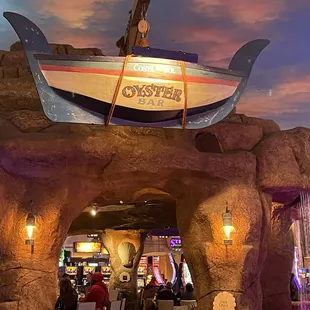 a boat on display in a restaurant