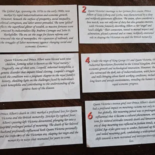 The reverse of each of our meal placards as they related to Queen Victoria and the dish being served.