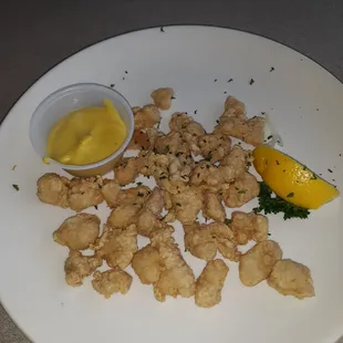 Our expensive but yummy gator appetizer- not enough for two hungry adults, didn't care for the honey mustard dipping sauce.