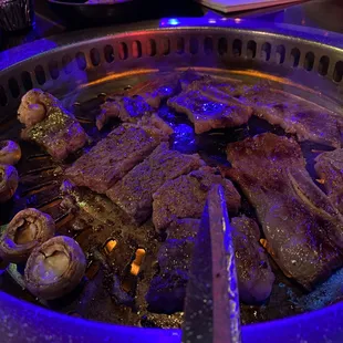 Oz galbi, ribeye, and mushrooms