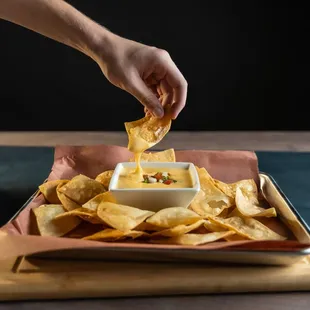 Fire Roasted Poblano Queso with Chips!
